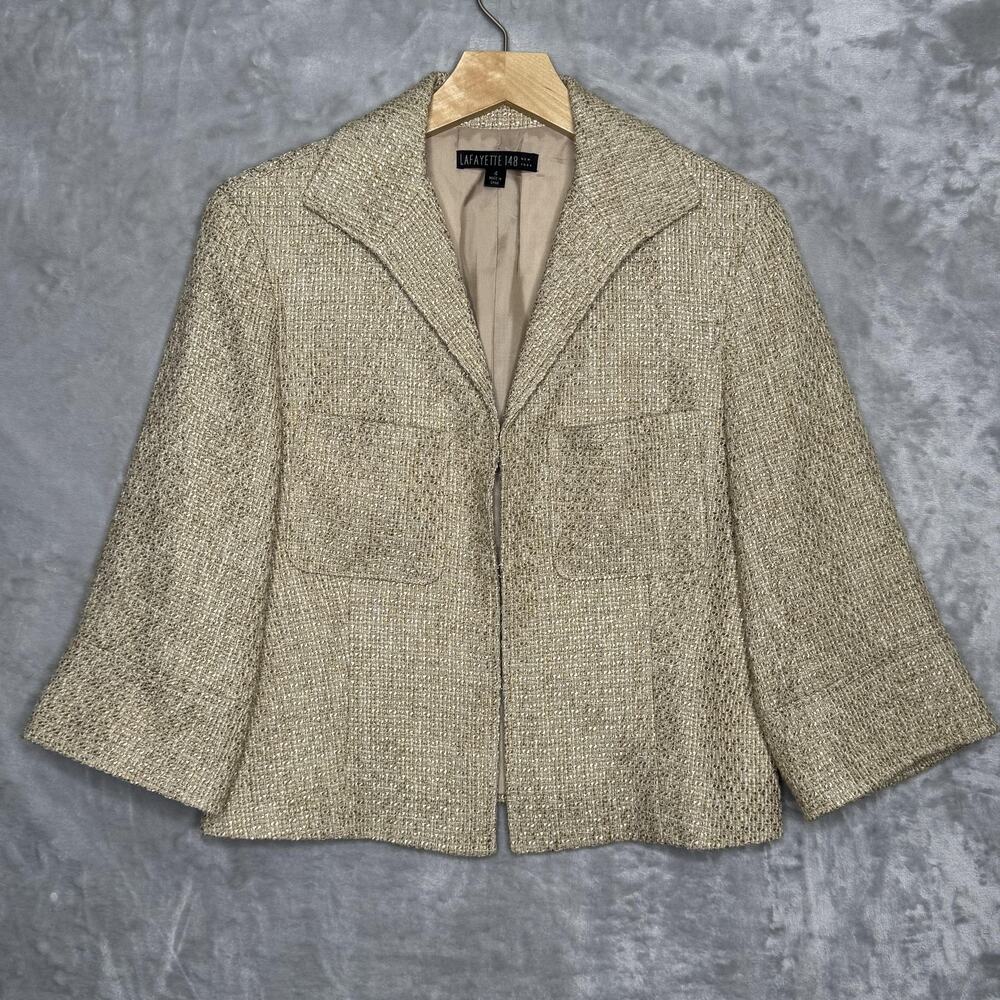 Lafayette 148 Blazer Womens 4 Gold Metallic Tweed Boucle Cropped Jacket Evening